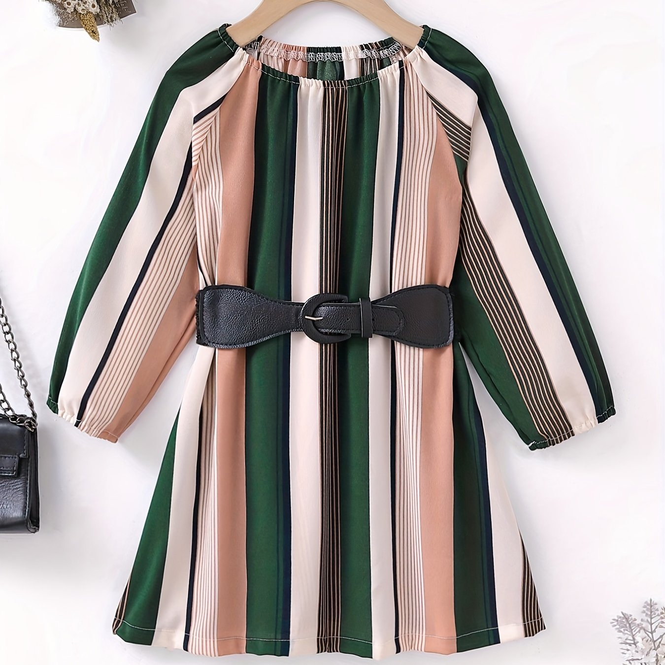 Retro Stripe Print Long Sleeve Dress With Belt