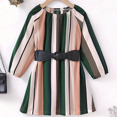 Retro Stripe Print Long Sleeve Dress With Belt