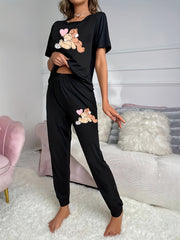 Bear Print Pajama Set Short Sleeve Crew Neck Top & Pants
