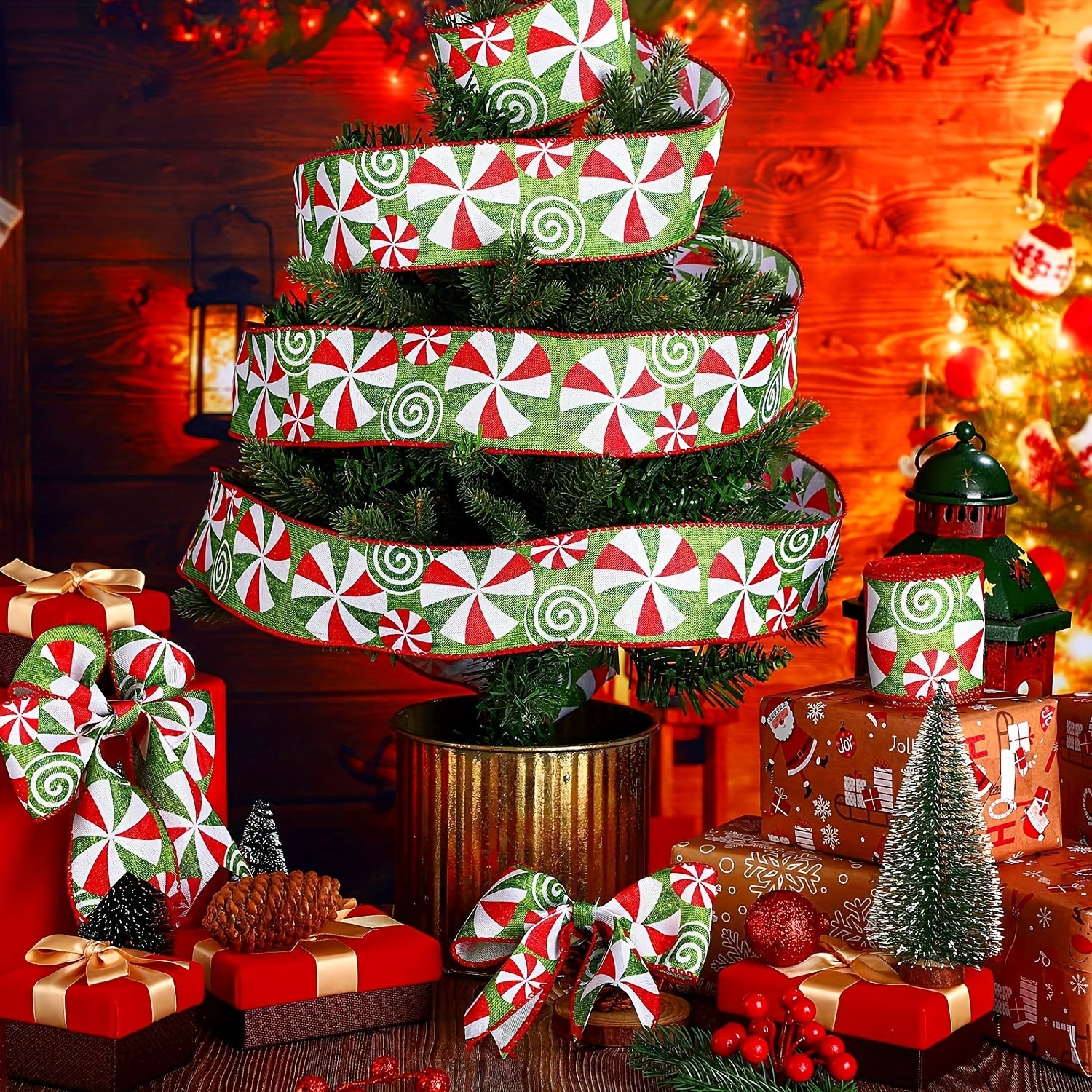 4.57m Christmas Candy Peppermint Wired Edge Ribbon DIY Craft Wreath Decoration