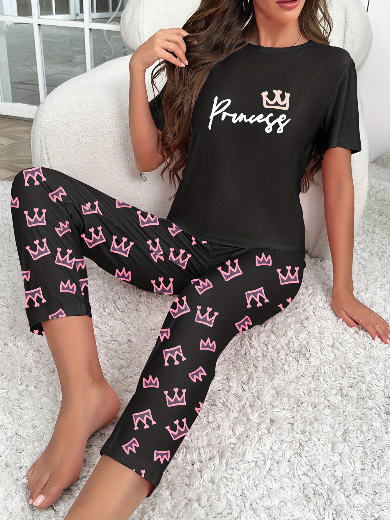 Crown & Letter Print Pajama Set Short Sleeve Top & Pants