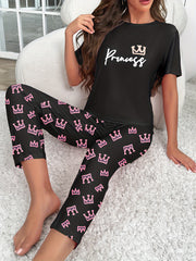 Crown & Letter Print Pajama Set Short Sleeve Top & Pants