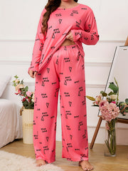 Heart Print Pajama Set Round Neck Top & Pants Two Piece Set