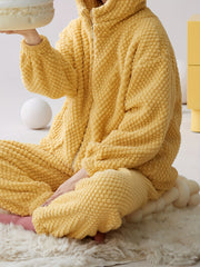 Women's Teddy Bear Plush Pajamas Soft & Warm Hooded Zip Up Top & Pants