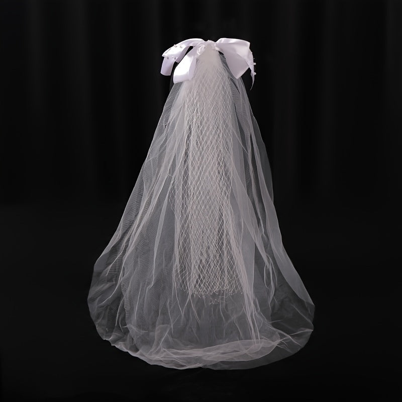 Faux Pearl Bow Lace Bridal Veil For Women Bride Party Wedding