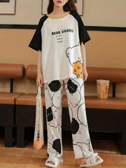 Bear Print Pajama Set Short Sleeve Top & Pants Women's Sleepwear
