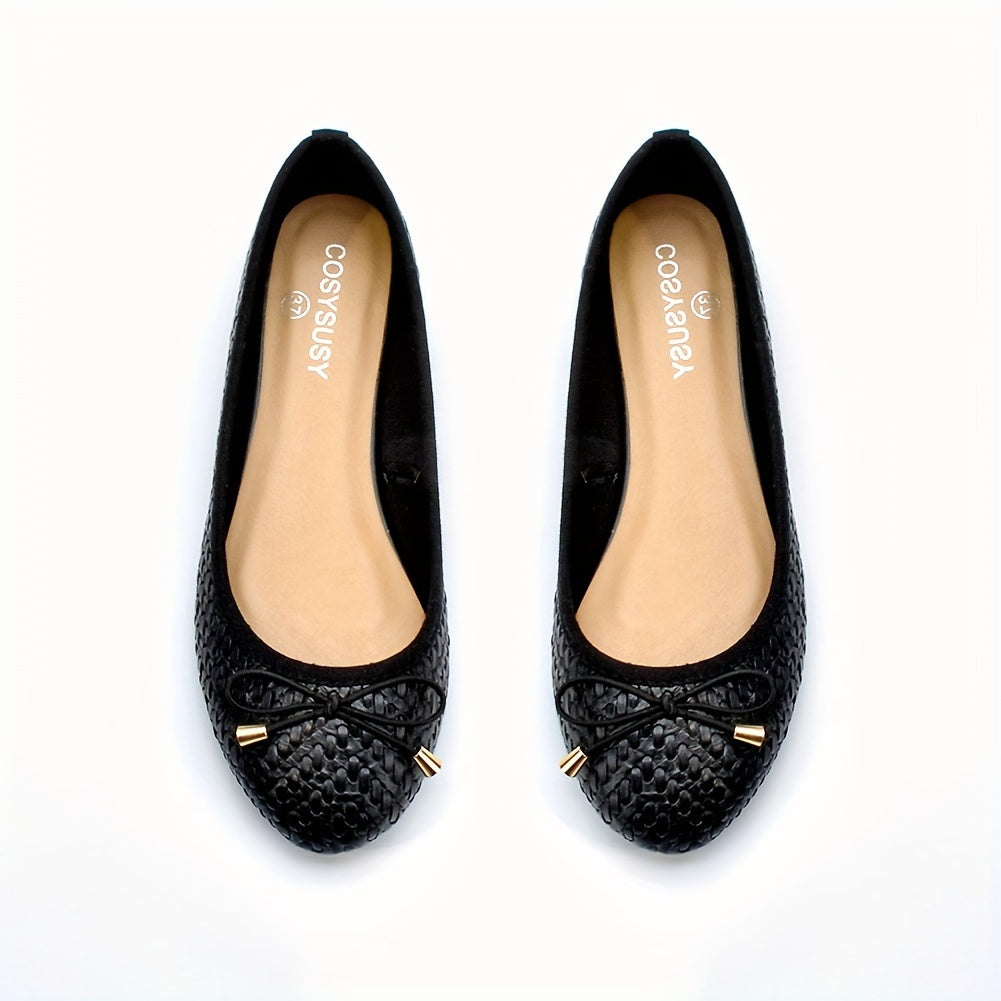 Women's Bowknot Ballet Flats Slip On Faux Leather Shoes Comfy Flat Shoes