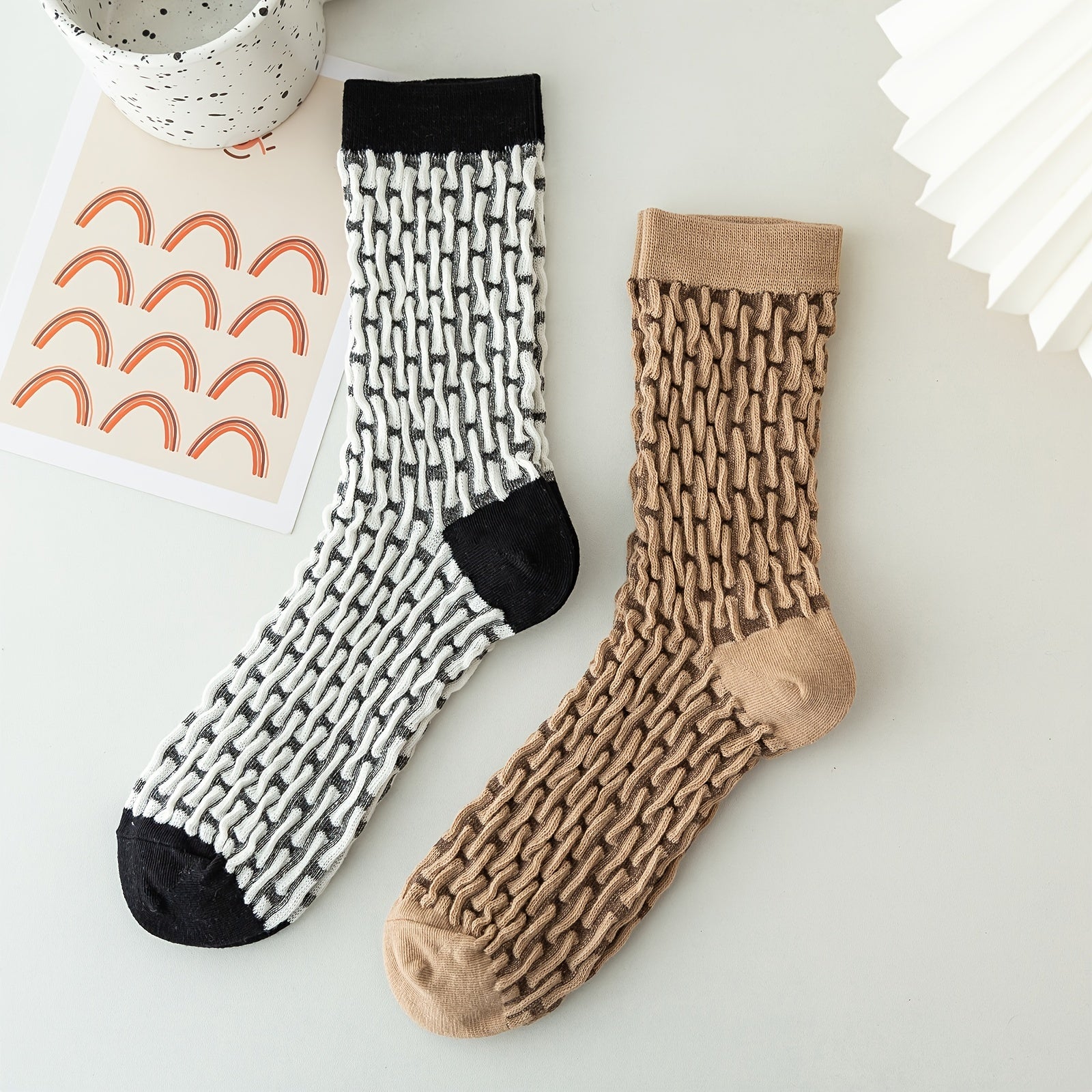 2pairs Women's Mid Tube Socks Set, Textured Design