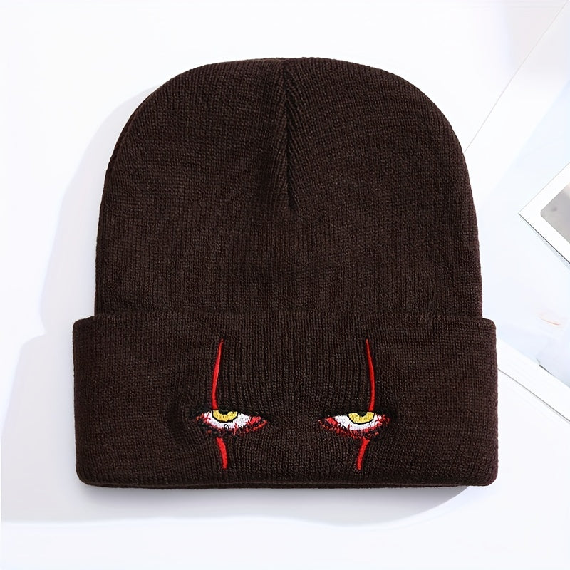 Horror Clown Eyes Cartoon Embroidery Knitted Hat with Woolen Cover