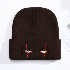 Horror Clown Eyes Cartoon Embroidery Knitted Hat with Woolen Cover