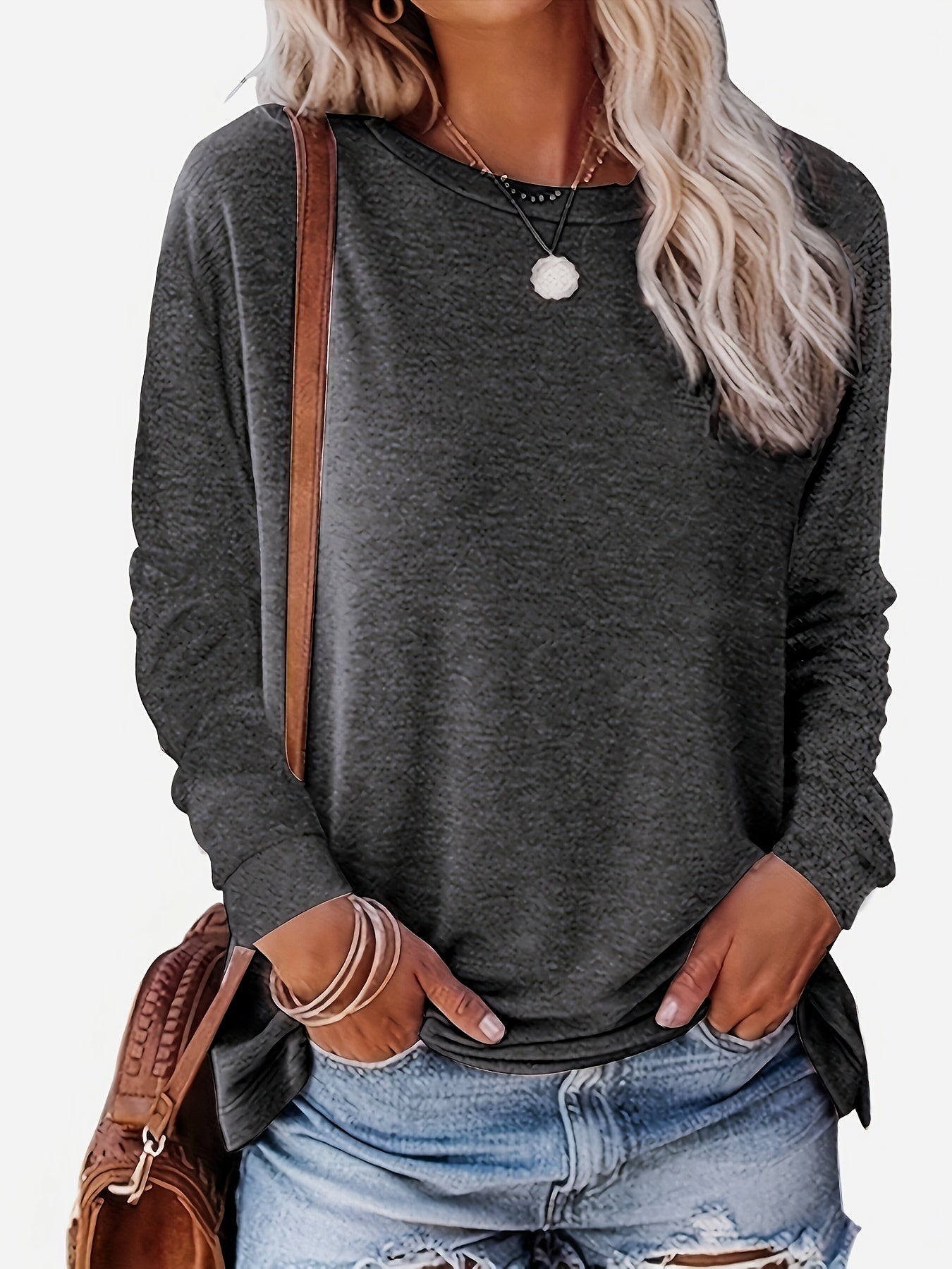 Solid Casual Crew Neck Long Sleeve Sweatshirt Women's Clothing