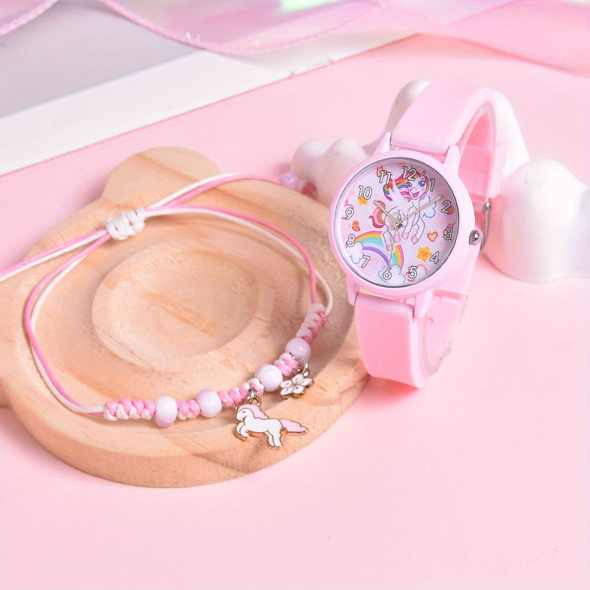 Girls' Cartoon Pony Watch Set 2pcs