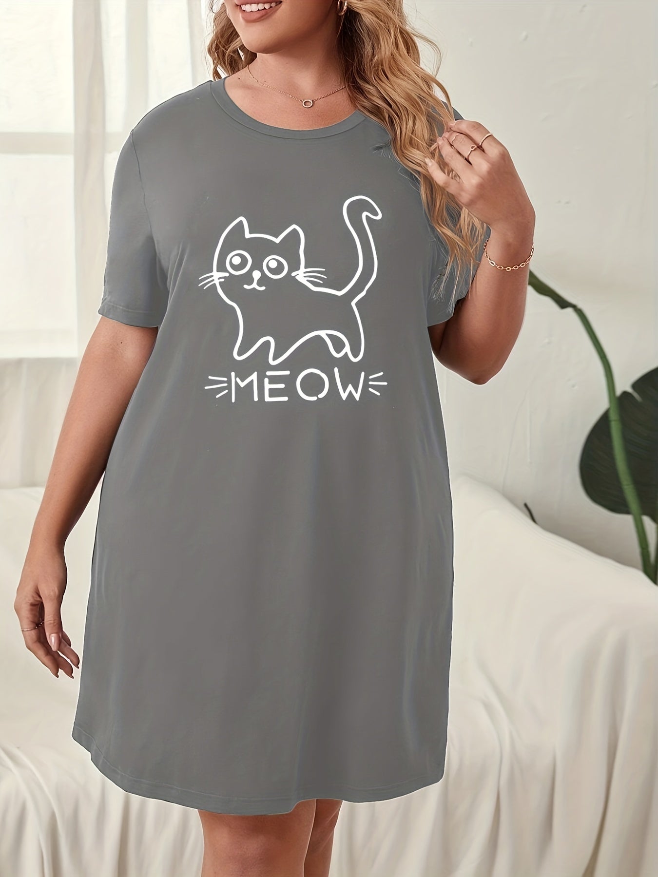 Cat & Letter Print Tee Sleep Dress