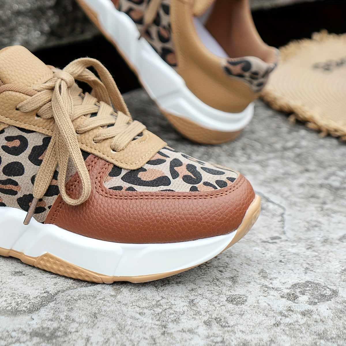 Leopard Print Platform Sports Shoes Lace Up Low Top Sneakers