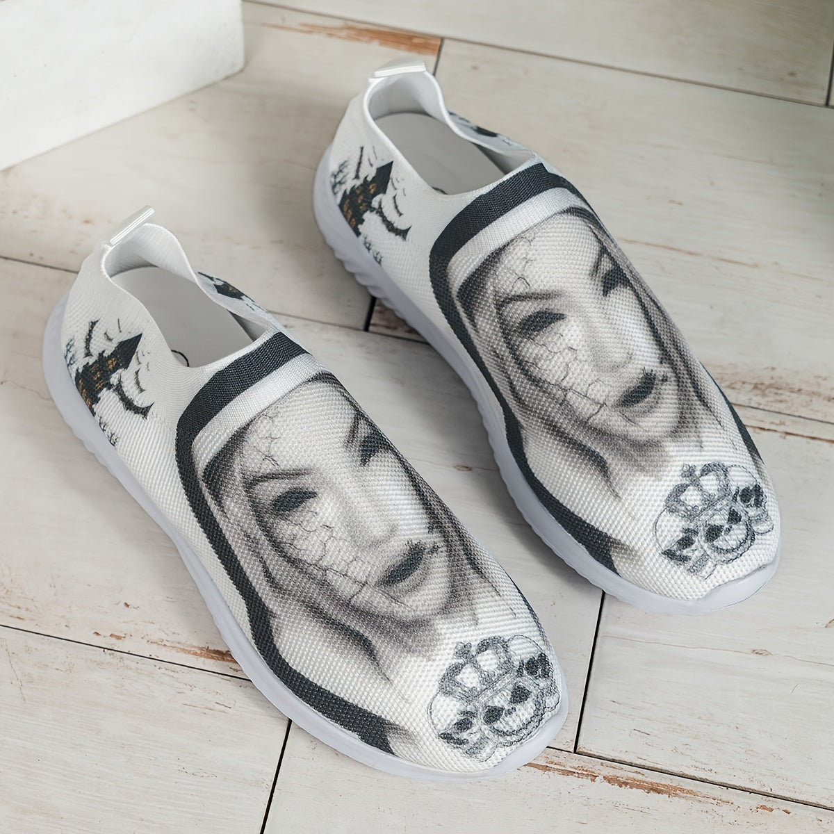 Women's Halloween Pattern Sneakers Low Top Slip On Knit Sock Shoes