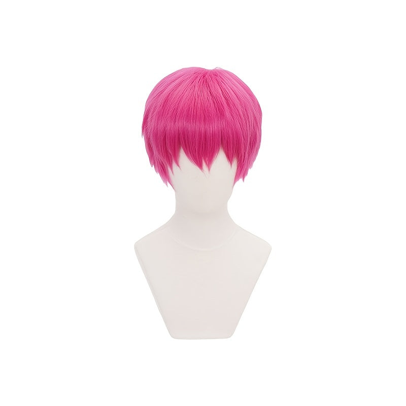 Men's Short Hair Simulation Wig Pink Halloween Cosplay Headgear