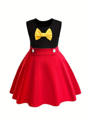 Girls Sleeveless Bow Crew Neck Button Cotton Princess Dress