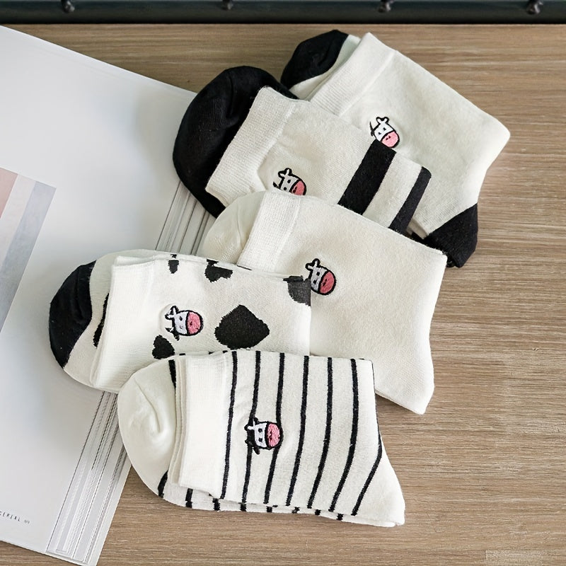 10 Pairs Cartoon Cow Print Socks Comfy & Striped Crew Socks