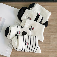 10 Pairs Cartoon Cow Print Socks Comfy & Striped Crew Socks