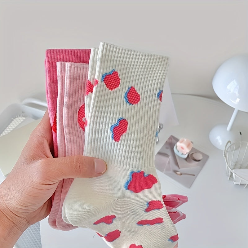 3 Pairs Heart Print Socks Women's Stockings & Hosiery