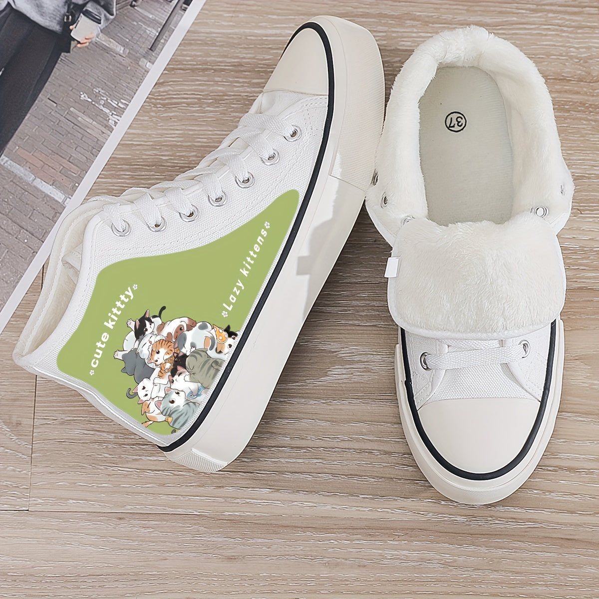 Kitten Print Plush Lined Chunky Canvas Sneakers