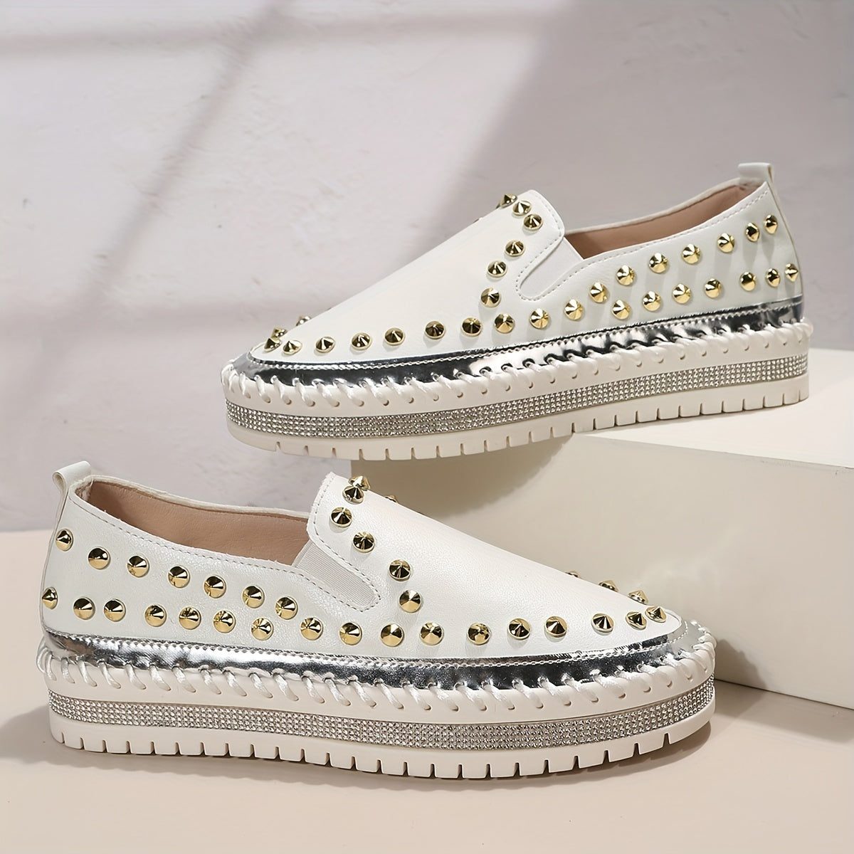 Women's Rivet Platform Loafers Slip On Low Top Shoes