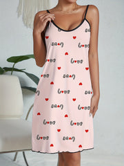 Heart Print Nightdress Crew Neck Spaghetti Strap Sleep Dress Women's Sleepwear