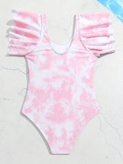 Girl's Tie Dye One piece Swimsuit Ruffle Sleeve Tankini Bathing Suit