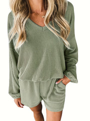 Women's Plus Solid Ribbed V Neck Top & Shorts 2 Piece Set