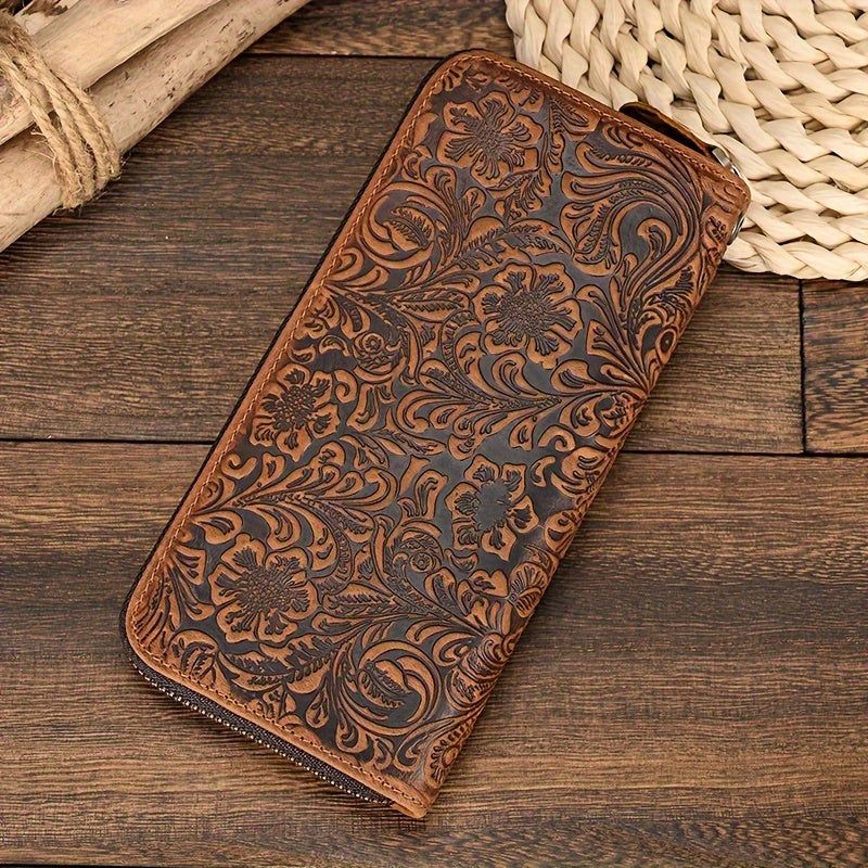 Men's Vintage Travel Wallet Top Grain Leather with Wristlet Zipper Closure