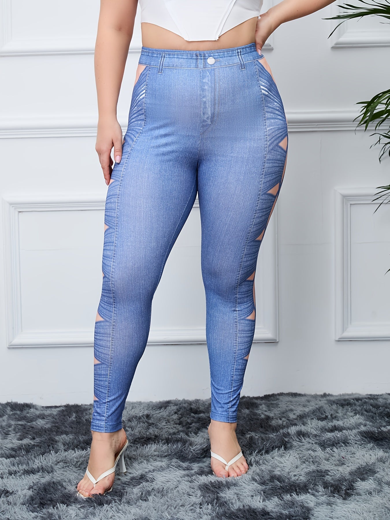 Geometric & Denim Print High Rise Skinny Leggings