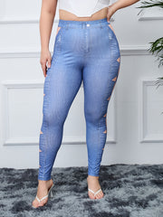 Geometric & Denim Print High Rise Skinny Leggings