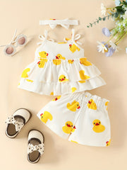 3pcs Baby Girls Duck Pattern Camisole Top & Shorts Set