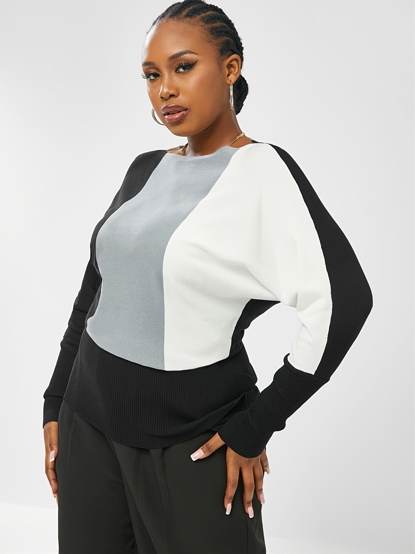 Colorblock Batwing Sleeve Sweater Plus Size Long Sleeve Round Neck Sweater