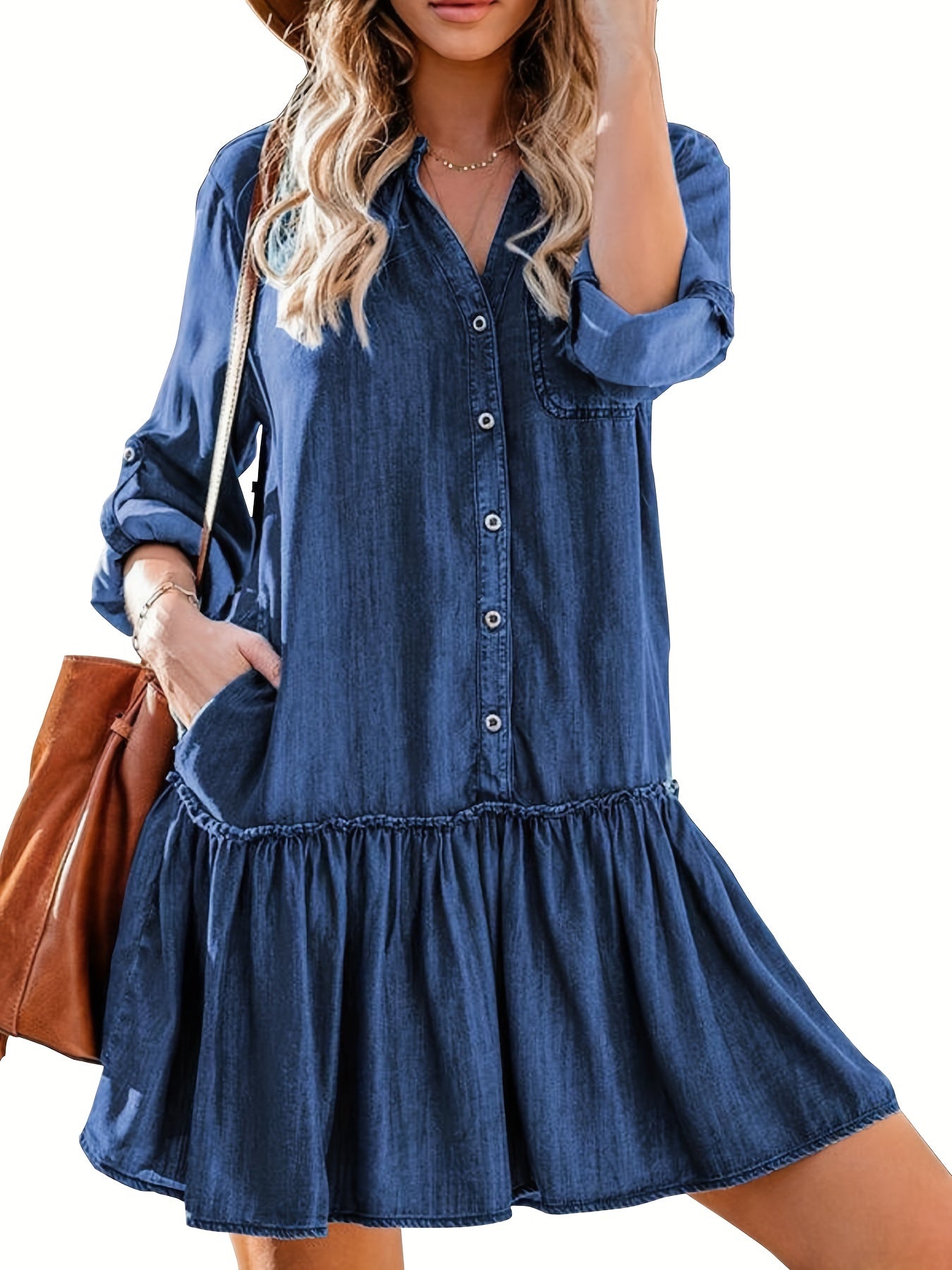 Women's Denim Dress with Stand Collar and Ruffle Trim