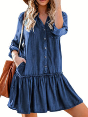 Women's Denim Dress with Stand Collar and Ruffle Trim