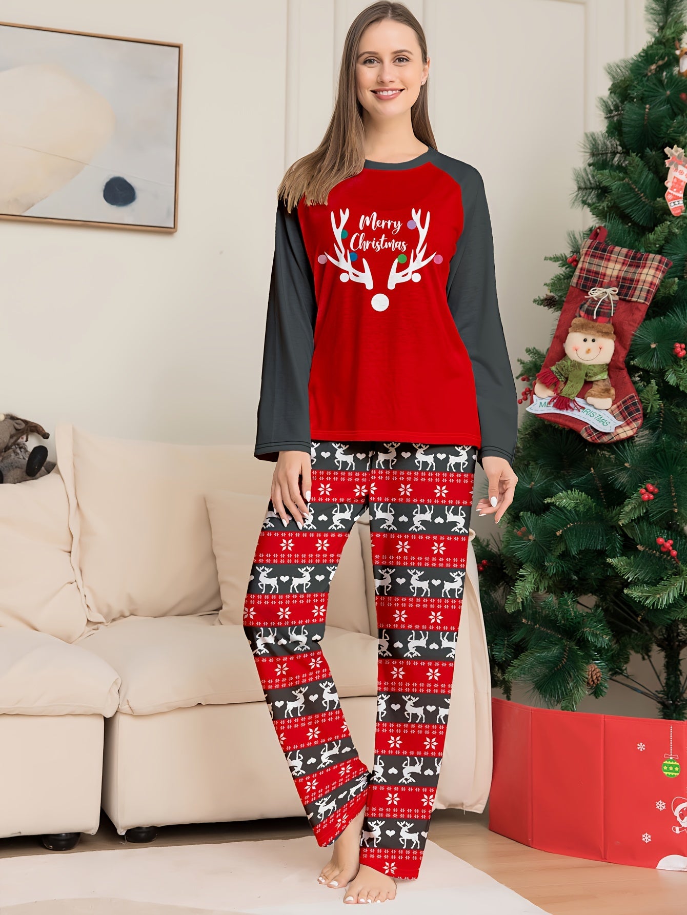 Christmas Elk Print Pajama Set Long Sleeve Top & Pants