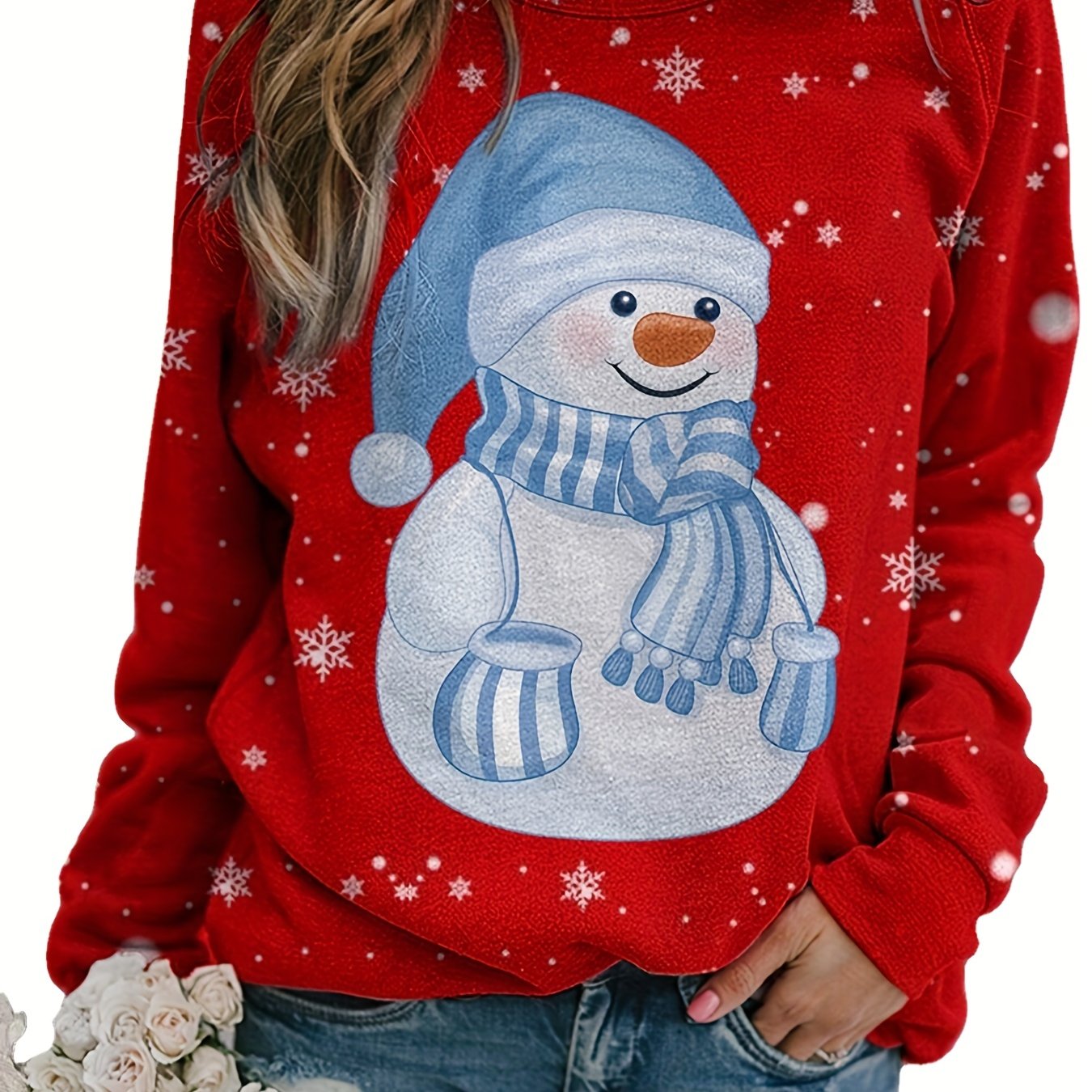 Snowman Print Crew Neck Pullover Sweatshirt for Women