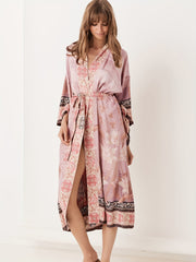 Tribal Pattern Long Robe Contrast Trim Kimono Cover Up