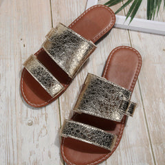 Women's Open Toe Flat Slides Casual Golden Slip On Slide Sandals
