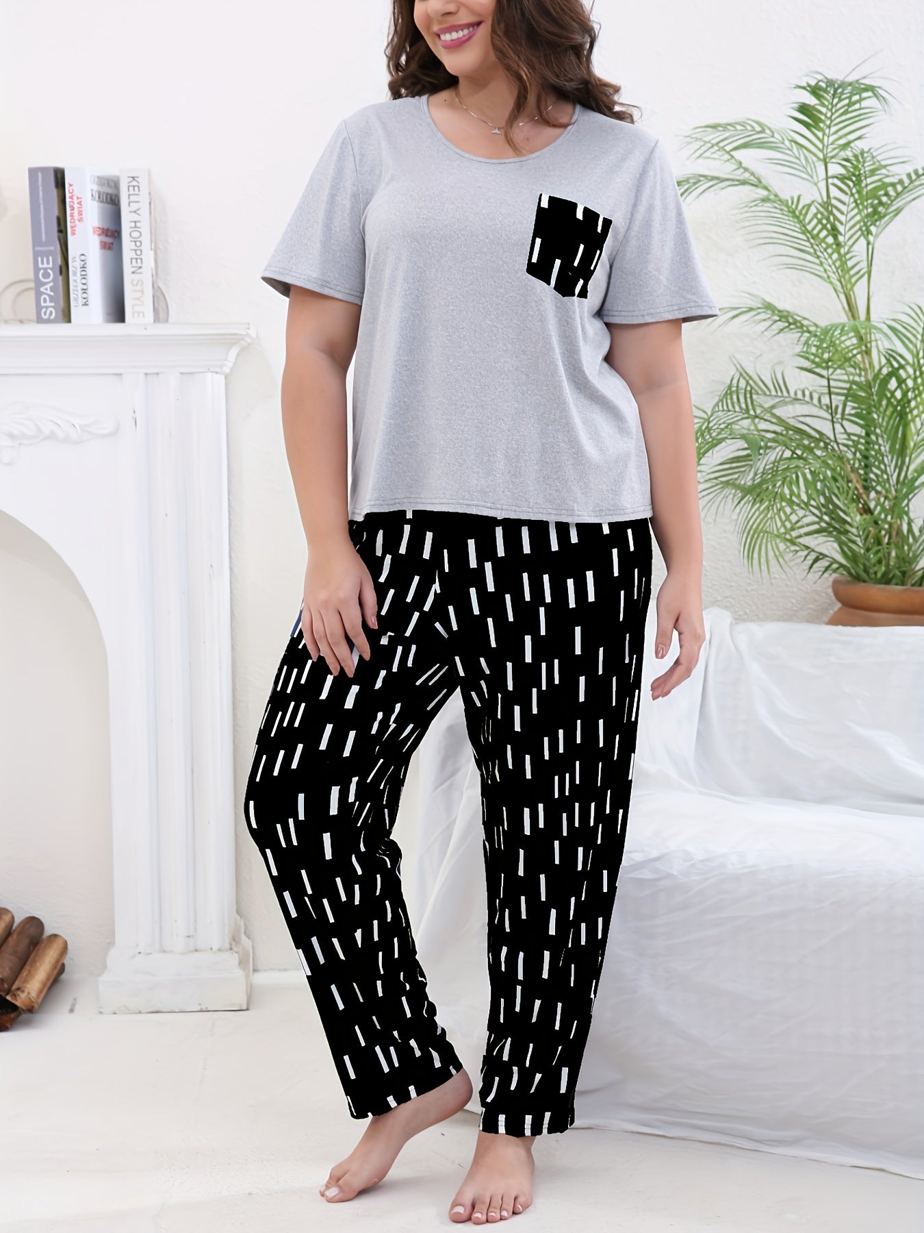 Casual Pajama Set Solid Short Sleeve Tee & Striped Pants