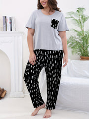 Casual Pajama Set Solid Short Sleeve Tee & Striped Pants