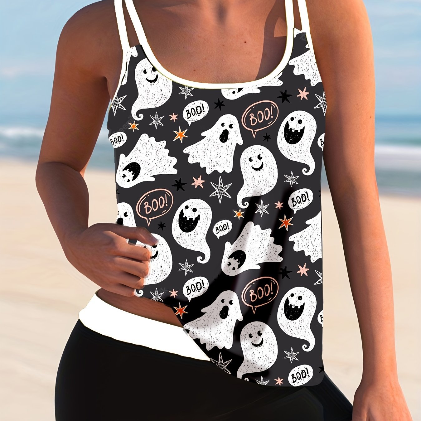 Ghost Print Tankini Set - Women's Plus Halloween Tank Top & Shorts