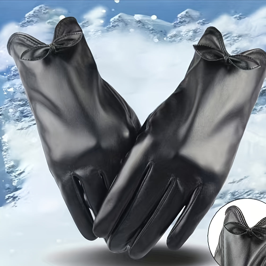 Solid Bow PU Gloves Warm Outdoor Riding Driving Coldproof Gloves