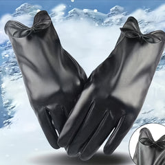 Solid Bow PU Gloves Warm Outdoor Riding Driving Coldproof Gloves