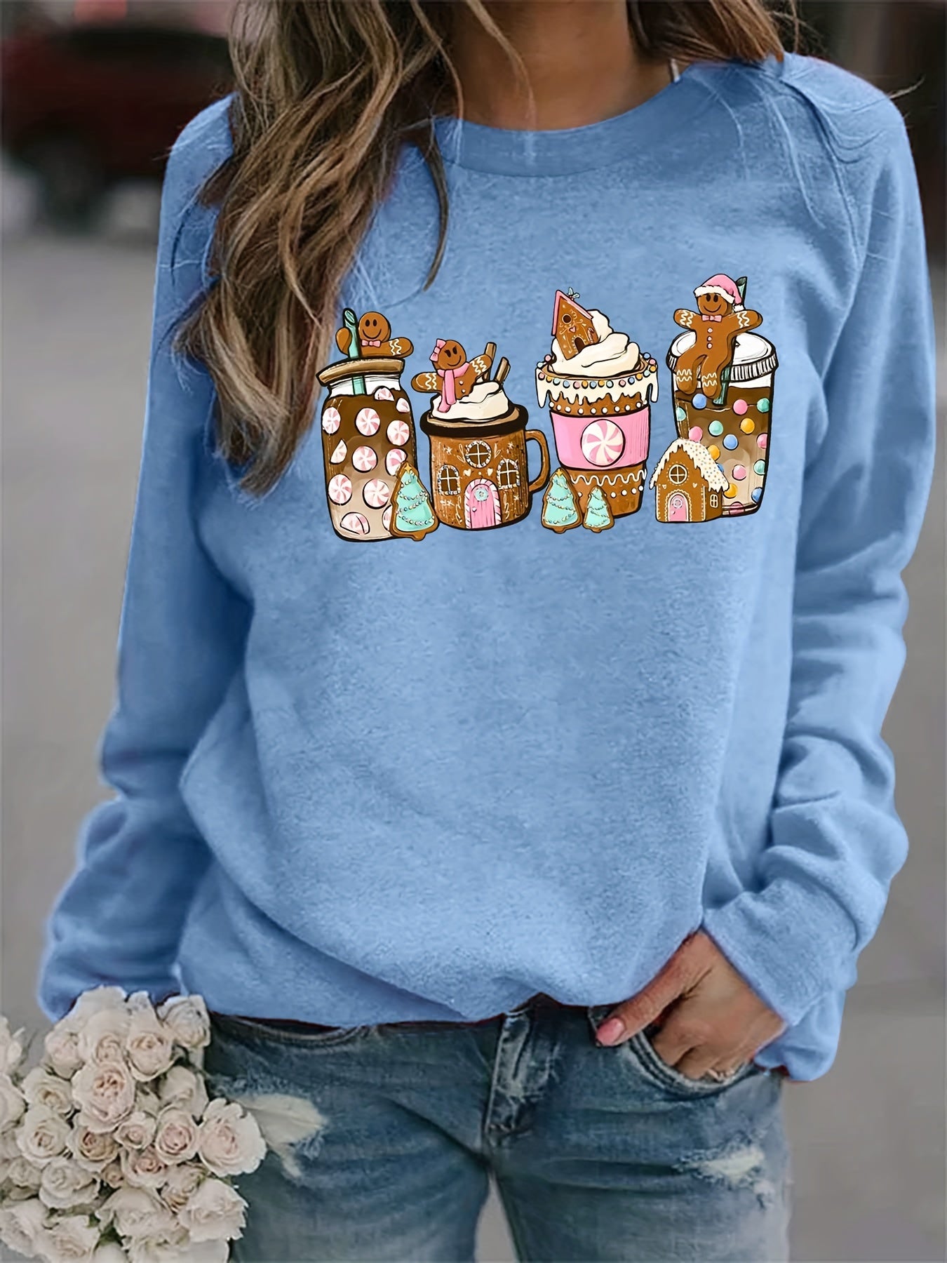 Christmas Coffee Print Loose Sweatshirt Casual Long Sleeve