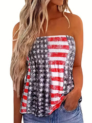 Star & Stripe Print Shirred Tube Top Bandeau Top for Summer