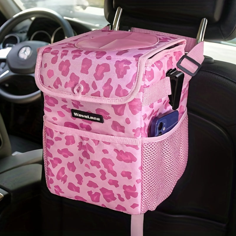 Leopard Print Car Seat Garbage Bin Foldable Trash Storage Pocket
