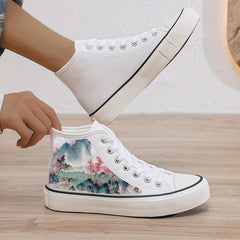 Chinese Landscape Print Plush Lined Thermal Canvas Sneakers