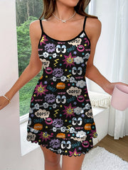 Cartoon Graffiti Print Nightdress Ruffle Slip Sleep Dress Women's Sleepwear